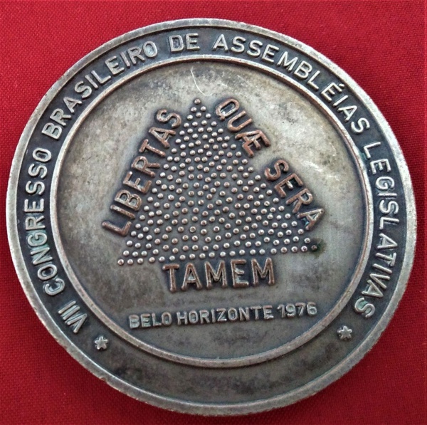 AV1484 - Medalha Bronze Prateada - Minas Gerais 7º Congresso Brasileiro Assembléias Legislativas de 1976 - Libertas Quae Sera Tamen - 50 mm