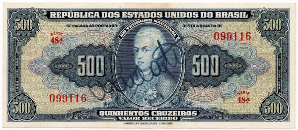 C044SOL2 - Cédula Brasil - 500 Cruzeiros - Autografada   - C044 - série 48 - 1943 - RARA - Excelente Peça - Valor de Catalogo - R$ 1350