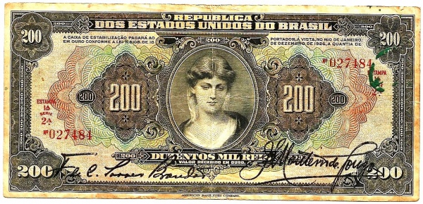 CR188MSL1 - Cédula Brasil - REPUBLICA - 200 Mil Reis - 1927 - Brasil - Linda peça - Preço - MBC - R$