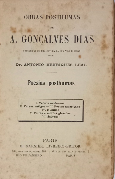 LIVRO: OBRAS POSTHUMAS - POESIAS POSTHUMAS, de A. GONÇALVES DIAS. Paris, 1909