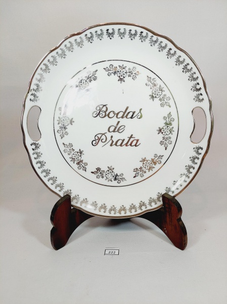 Prato de Bolo Bodas de Prata porcelana Schmidt com alça 26 cm