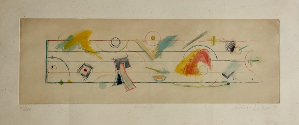 Gravura. Antônio Peticov. Fá-Lá-Sol. Gravura em metal, a cores, 1991. Tiragem 43/200. 35 x 70 cm (pa
