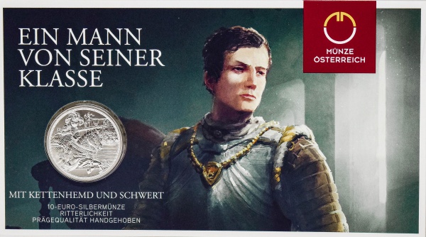 Moeda da Austria - 10 Euros - 2019 - Chivalry - Série : Knights` Tales - Prata(.925) • 16.82 g • 32 mm - Linda peça. Acompanha original da casa da moeda da Austria , cartela oficial.