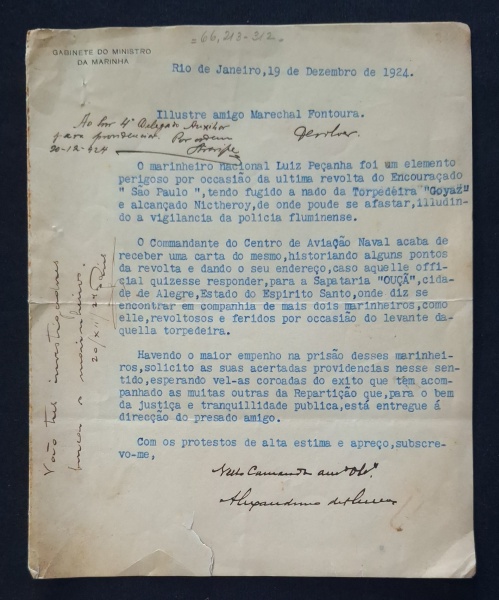 Almirante Alexandrino de Alencar - carta em papel timbrado do gabinete do ministro da marinha e data