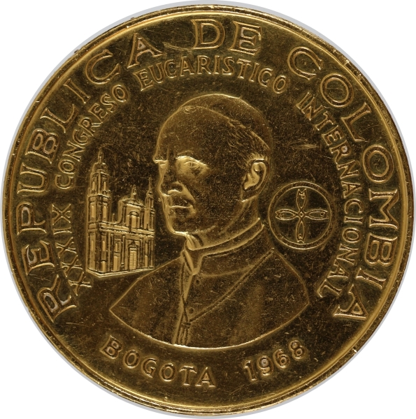 Moeda da Colômbia - 1.500 pesos - 1968 - OURO (.900) - 64.4 g - 50 mm - KM# 235 - 39º Congresso Euca
