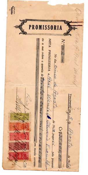 Brasil. Antigo documento de promissória ano 1952- com selos , acompanha laudo de autenticidade