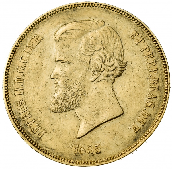 Moeda do Brasil - 20.000 Réis - 1855 - Império - Ouro (.917) - 17,92 gr - 30,5mm - Cat. AI O675