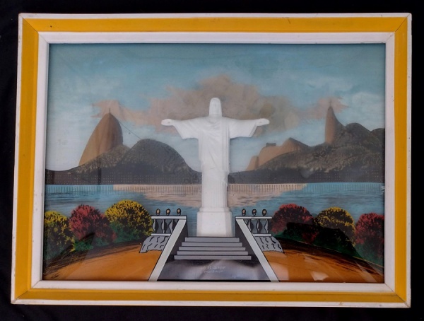 QUADRO -  Quadro confeccionado em Asa de Borboleta, representando Cristo Redentor, Rio de Janeiro. M