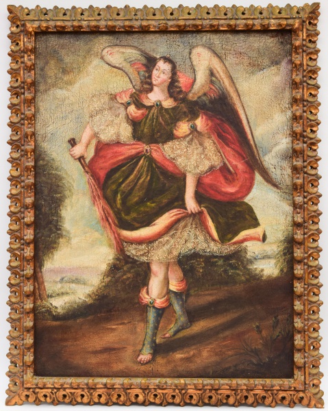 CUSQUENHO - São Miguel Arcanjo, óleo sobre tela, em moldura entalhada. Obs.: Tinta craquelada. Medid