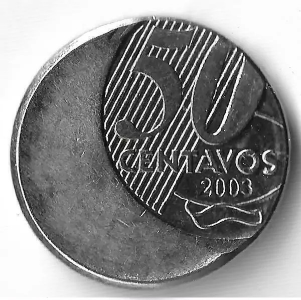 Moeda flor de cunho do Brasil do ano de 2003 com valor facial em 50 Centavos - Barão do Rio Branco, moeda cunhada com o erro descentralização de disco (boné), cunhada em 7.81g de aço inoxidável, 23mm. KM#651a