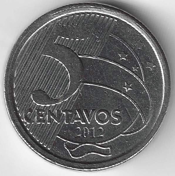 Moeda muito bem conservada do Brasil do ano de 2012 com erro de cunhagem Mule coin (apelidada de 50 sem o zero), onde o cunho da moeda de 5 centavos foi cunhado no disco de 50 centavos, cunhado em 7.81g de aço inoxidável, 23mm. KM#683