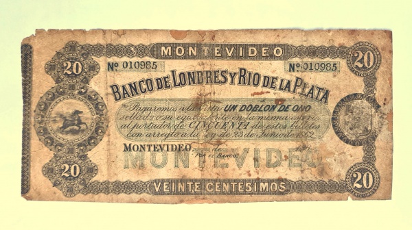 Uruguai, 1862 (?), Raríssima Cédula de Grande Formato, Unifacial, 20mm x 90mm, Banco de Londres y Ri