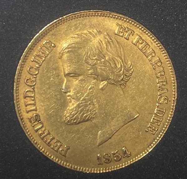 Moeda de Ouro do Brasil 10 000 Reis de 1854, 23 mm, peso 8,96 g