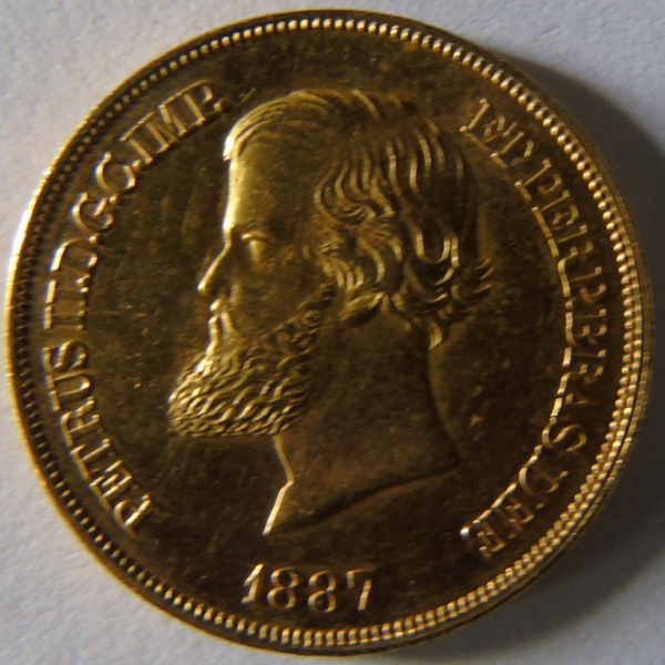 Moeda de ouro, Brasil Imperio 10000  Reis 1887- D.Pedro II - peso 8,95 gr S/FC