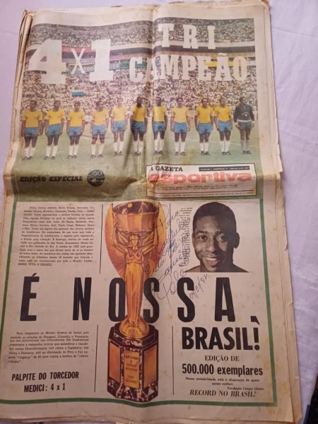 Jornal A Gazeta Esportiva de 22 de junho de 1970 - Brasil Tricampeão Copa do Mundo  autografada e c