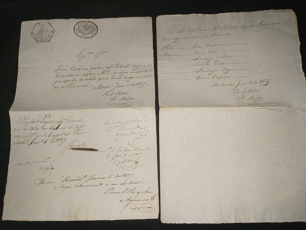 Uruguai, belíssimo documento naval de 1837 com a lista da tripulação. Belos carimbos sendo 1 FISCAL