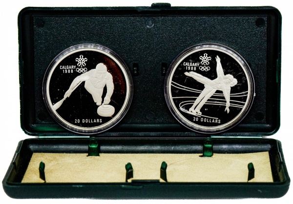 Moeda do Canadá - Estojo com 2 moedas - 20 Dollars - Elizabeth II - Curling + Patinação no gelo - 1987 - Olimpíadas de Calgary 1988 - Proof - Prata (.925)  33.63 g  40 mm - Estojo original - sem o certificado