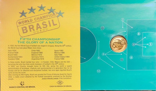 Moeda do Brasil - 20 Reais - 2002 - Comemorativa do Pentacampeonato Mundial - Ouro (.900)  8 g  22 mm - Cartela Original CMB - LANCE LIVRE!!!