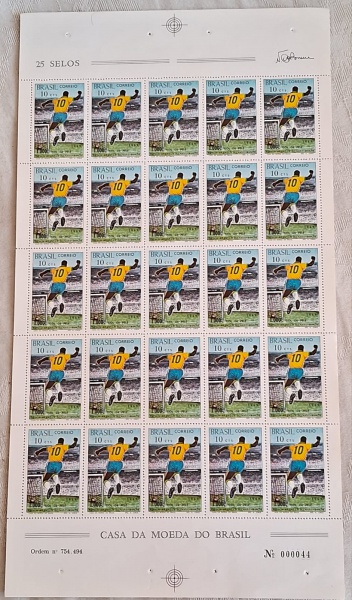 SELO- Folha completa de selo comemorativo do milésimo gol do Pelé, 1969, ordem nº754.494 , cartela n