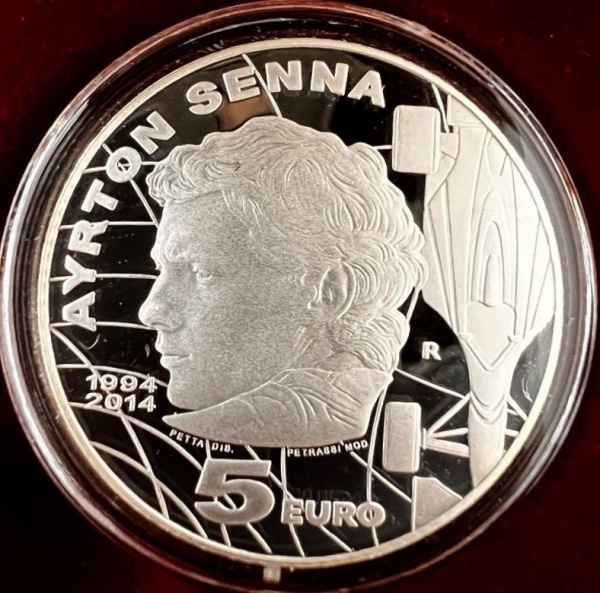 Moeda de SAN MARINO - 2014 - 5 euros - AYRTON SENNA - prata - no estojo com certificado