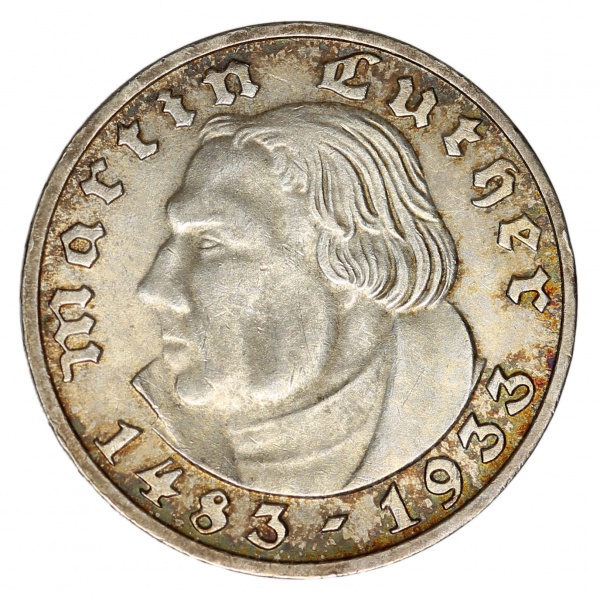 Moeda da Alemanha - 2 reichsmark - 450º ano de nascimento de Martin Lutero - 1933 J - PRATA(.625) 8g
