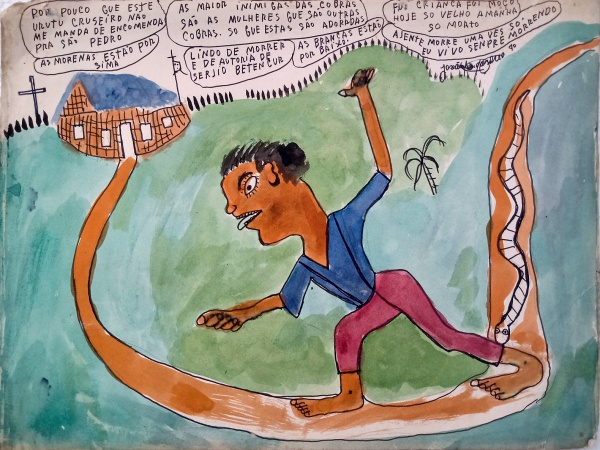 José Antonio da Silva, Homem e Cobra, nanquim aquarelado sobre papel com arte em frente e verso, com