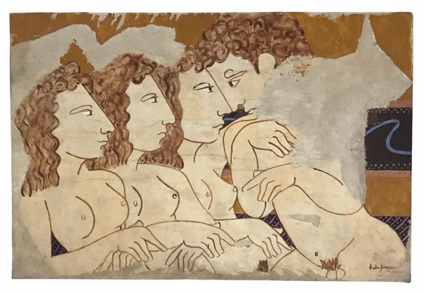 HELIO BRAGA - Obra em óleo sobre tela sobre placa representando nus de figuras humanas, assinada no