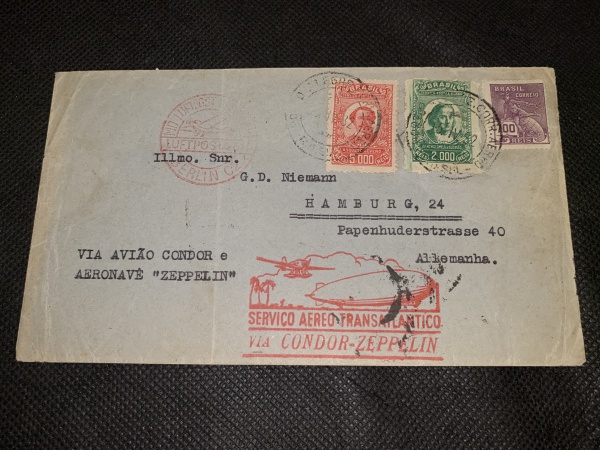 Brasil, envelope circulado para Alemanha, VIA CONDOR - ZEPPELIN, com belo carimbo do vôo em vermelho