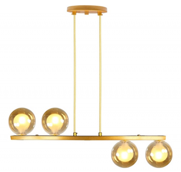 Luminária luxo de design exclusivo no tom dourado com globo em vidro âmbar, medindo 60 cm de comprim