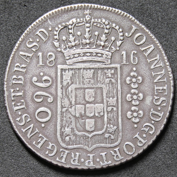Moeda Brasil - 960 Réis 1816 R (Rio) Variante Lupércio 20B E (ESCASSA) Sobre 8 Reales Carolus IIII -