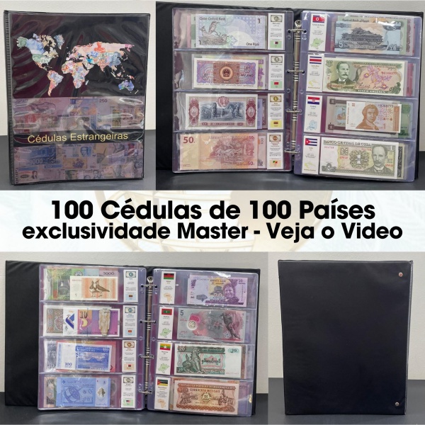 Fantástico e Exclusivo ÁLBUM COM 100 CÉDULAS ESTRANGEIRAS DE 100 PAÍSES DIFERENTES RECONHECIDOS PELA