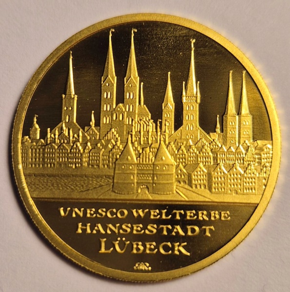 Moeda do Alemanha - 100 Euros - 2007 (G) - Ouro 0,999 - 15,55 gr - 28 mm - Comemorativa - Lübeck (pa