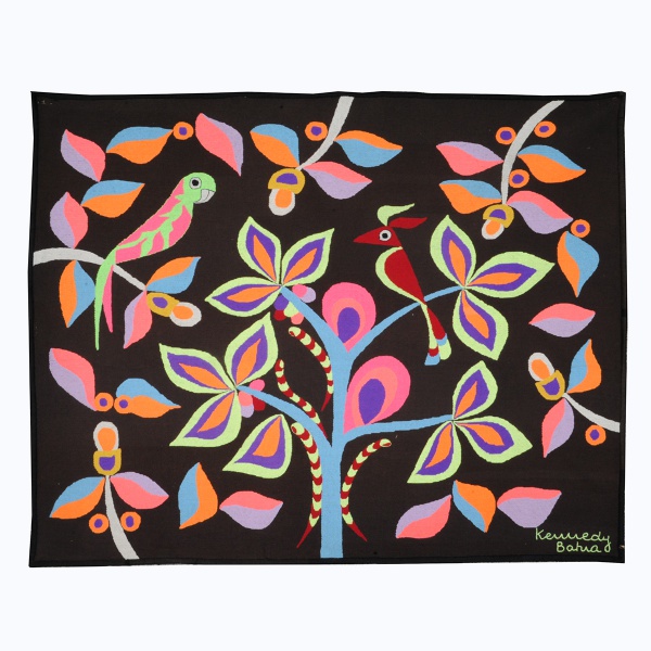 KENNEDY BAHIA - Belíssima tapeçaria, tecida manualmente com grandes folhas, flores e pássaros, assin