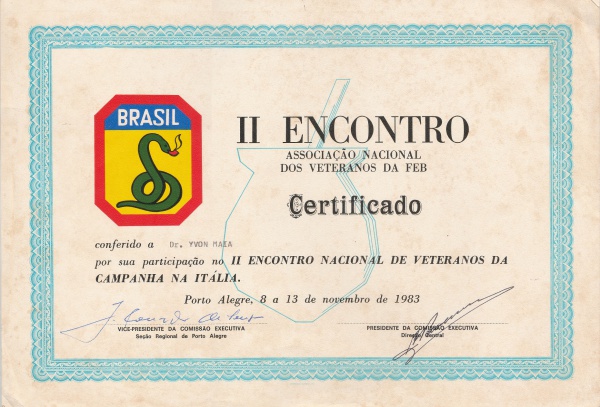 Certificado da Associação Nacional dos Veteranos da FEB. II Encontro Nacional de Veteranos da Campan
