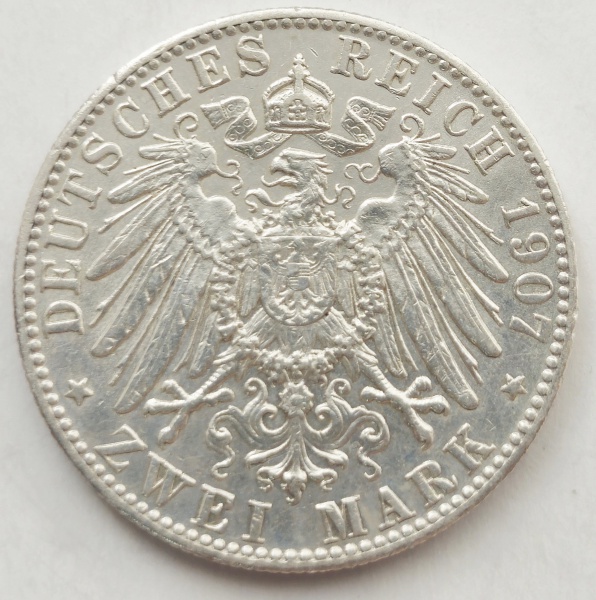 Alemanha Reich - Moeda de 2 Marks Otto (Letra D) ano 1907 - Prata 900 com 11.2 gramas.