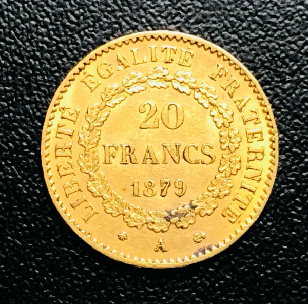 20 francos 1879 LETRA A FRANÇA - Ouro (0,900) - 6,45 g - 21 mm - KM 825