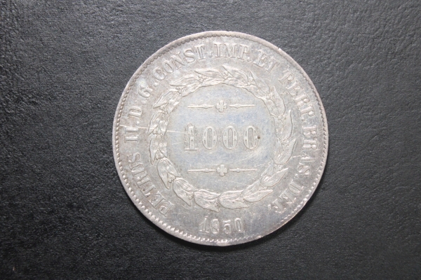 moeda de prata do Brasil, 1000 reis de 1850 escassa, excelente estado