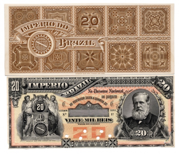 Rara Prova De Impressão  Anverso e Reverso - 20 Mil Reis Imperio 1888 R-049 - Pedro II - Canto Infer