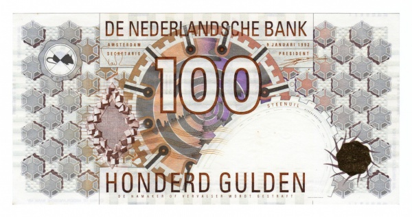 100 Gulden Holanda 1992 P-101 - FE - Athene Noctua ( coruja de Atena  )