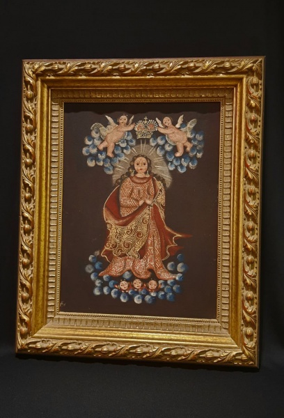 Escola Cusquenha pintura sacra emoldurado med 38x28cm em ótimo  estado  de  conservação.