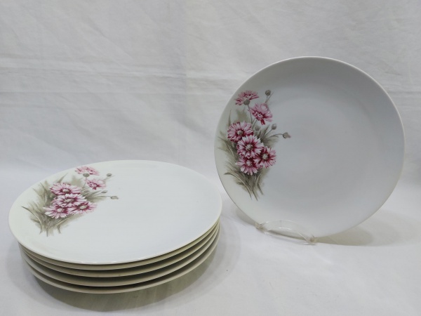 (21) Jogo de 6 pratos de mesa em porcelana Roberto Simões com pintura floral.