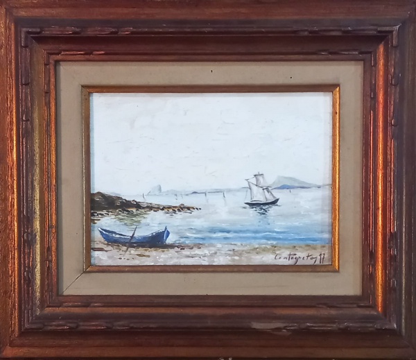 CASTAGNETO, óleo sobre madeira. "Marinha Rio Antigo", medindo: 22 x 16 cm. Ano de 1897. A.c.