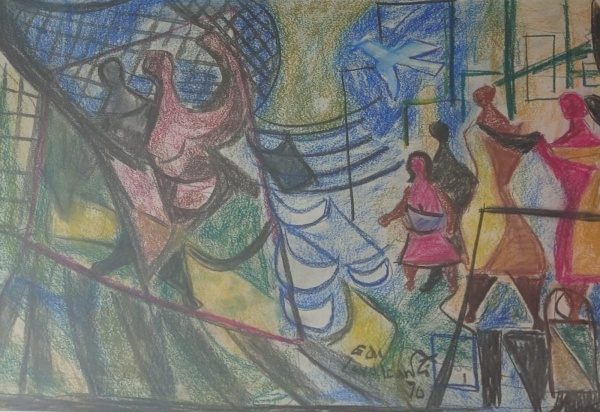 Emiliano Di Cavalcanti, Paisagem com figuras - Pastel seco sobre papel medindo 48 x 68 datado de 6