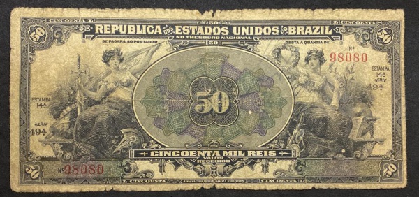 Cédula 50 Mil Réis - Tesouro Nacional - R127 - Catálogo marca R$ 1300 para MBC
