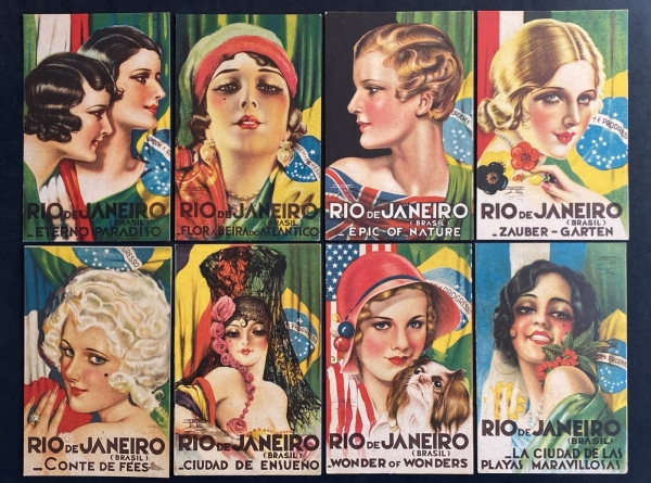 Lote com 08 Cartões Postais impresso pelo Departamento de Turismo do Rio de Janeiro em 1934, figuras