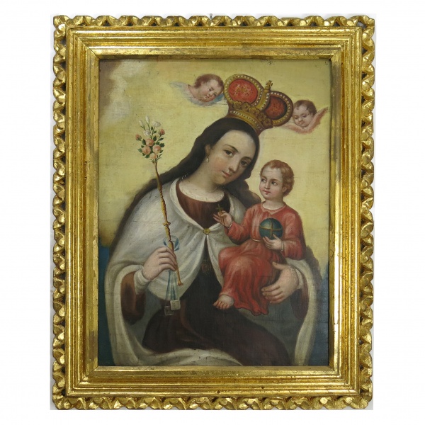 Quadro da escola cusquenha do século 18. Nossa Senhora com Menino Jesus, OST, 73 x 54 cm.