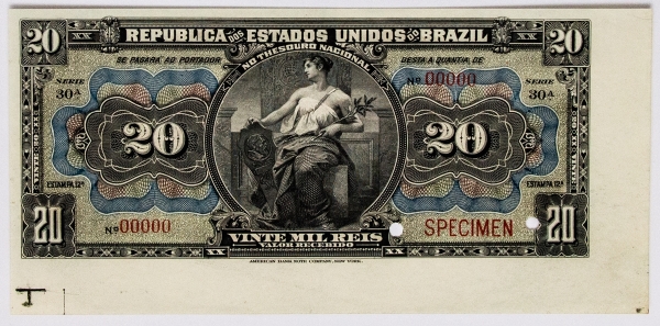 Numismática, BRAZIL Vinte Mil Reis, serie 30ª, specimen, R115s 1908