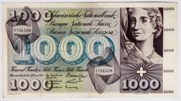 Numismática, SUISSE 1000 FRANCS 1965
