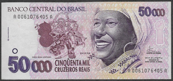 Cédula do Brasil - 50 Mil Cruzeiros Reais - 1994 - BAIANA - Cat. AI C240 - Muito procurada! - FE (mínima marca ao centro)