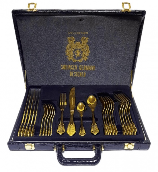 Faqueiro Alemão belissimo banhado a ouro 24k, aço inoxidável, 24 peças, laminas resistentes  , malet